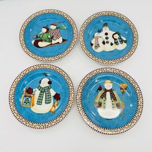 Vintage Sakura Debbie Mumm Jolly Snowmen 8" Luncheon‎ Salad Plates Set Of 4
